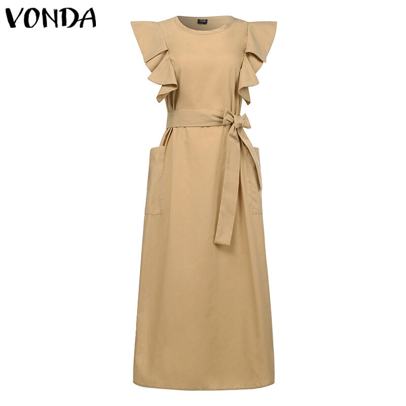 여름 여성 드레스 2022 VONDA Belted Ruffled 민소매 캐주얼 섹시한 Sundress 보헤미안 파티 롱 드레스 Vestidos Plus Size 5XL