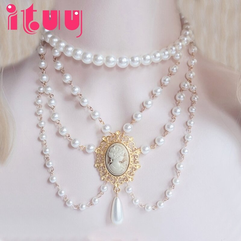 Collar hecho a mano de Lolita KC, colgante de la Virgen María, collar de perlas, cadena de clavícula, accesorios para regalo de niñas