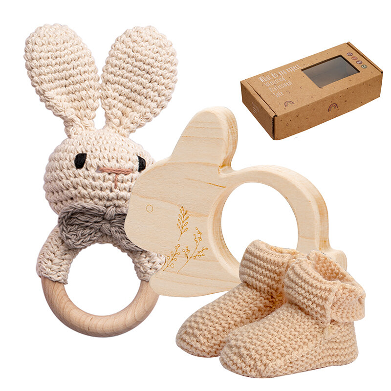 3Pcs/Set Baby Rattle Rabbit Hand Crochet Shoes Set for 0-12 Months Newborn Wooden Animal Teether Toys for Baby Birth Gift Set