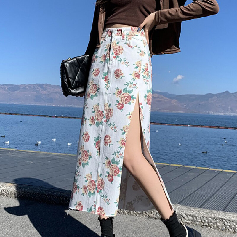 Wisher&Tong Floral Print Denim Skirt High Waist Side Split A-line Jeans Skirt 2022 Spring Summer Korean Women Midi Long Skirts