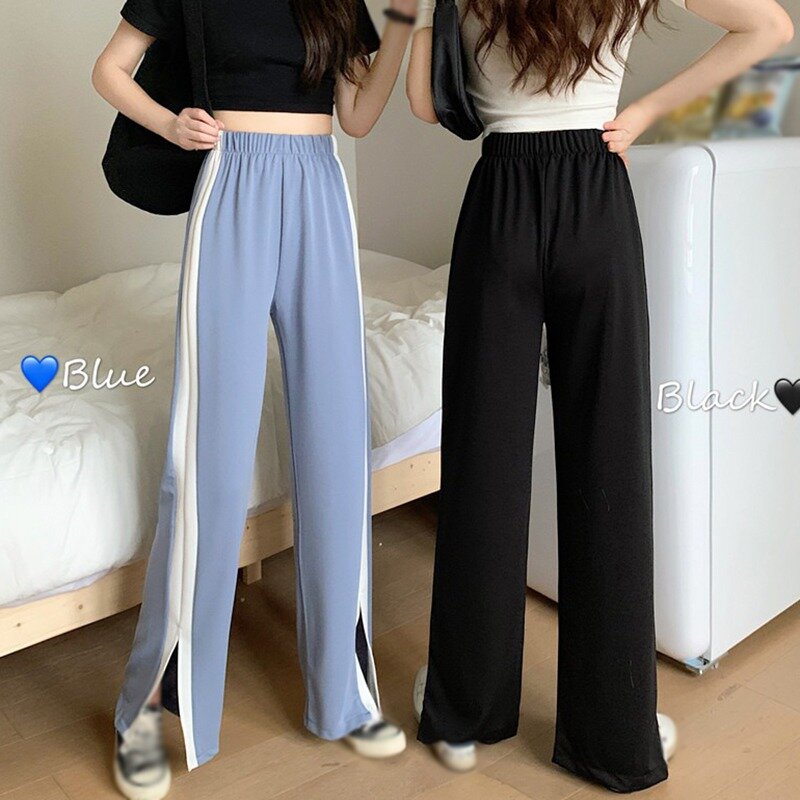 Pantalones de pierna ancha para mujer, pantalón informal elástico de cintura alta, recto, deportivo, holgado, largo, negro/azul