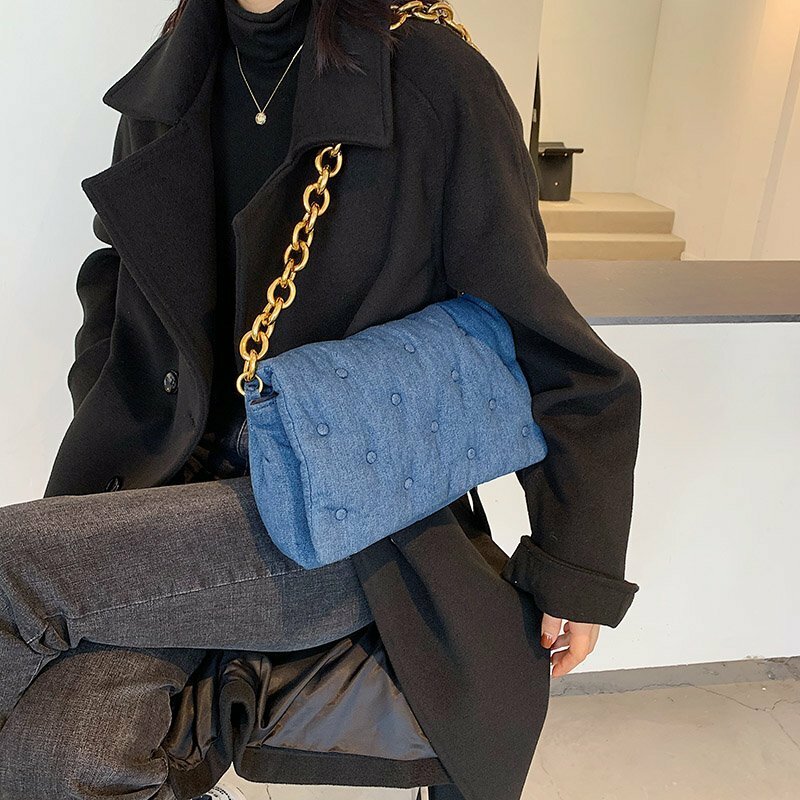 Branded Women's Shoulder Bags 2020 Denim Quality Thick Metal Chain Shoulder Purses And Handbag Women Clutch Bags Ladies Hobo Bag