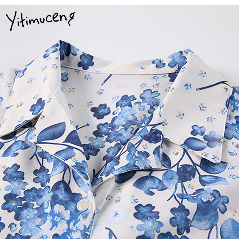 Yitimuceng impressão floral blusa feminina botão up camisas manga puff turn-down colarinho em linha reta 2021 verão moda coreana novos topos
