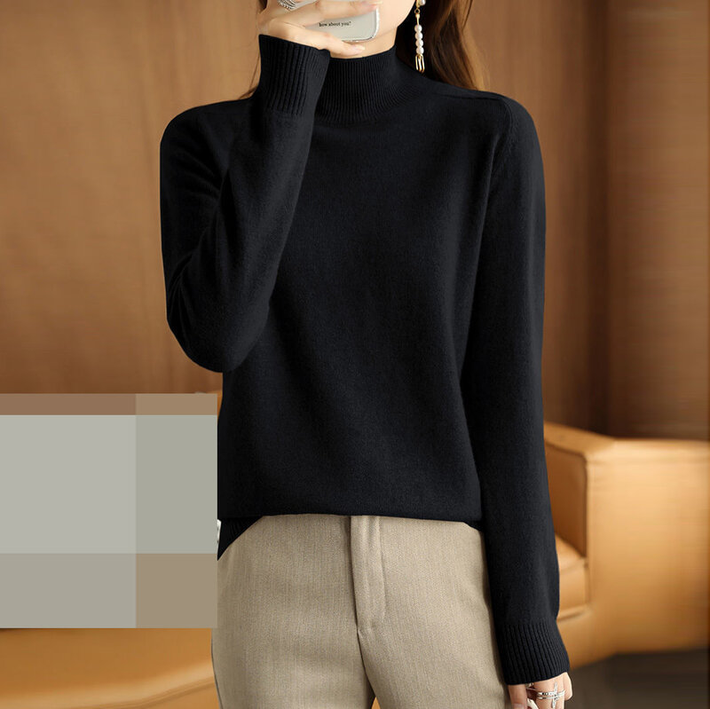 Suéter holgado básico de manga larga para mujer, camisa de Cuello medio alto, otoño e invierno, 2021