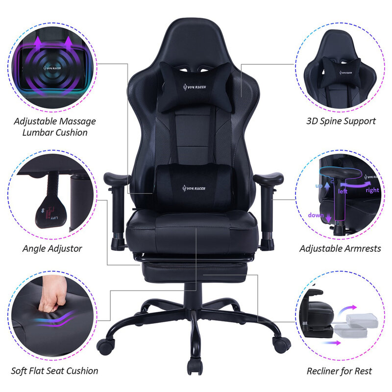 Silla de oficina para videojuegos, asiento de ordenador reclinable de 180 grados, cómodo, ejecutivo, de cuero PU