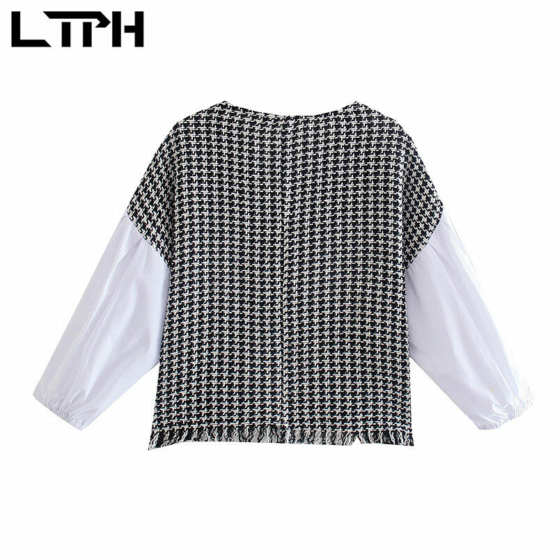 Ltph elegante vintage blusas femininas houndstooth emenda manga longa topo solto o-pescoço pulôver rebarbas tassel camisa 2021 outono novo