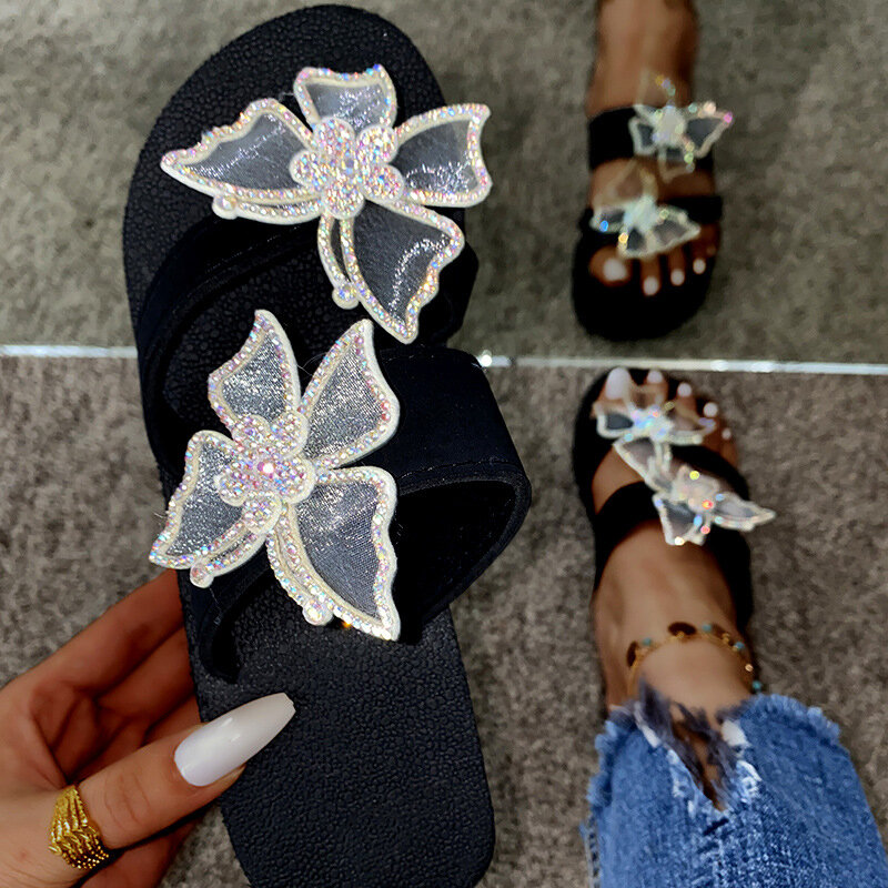 Женские шлепанцы 2021, шлепанцы на платформе с кристаллами и бабочкой, женские летние пляжные шлепанцы, женская обувь с открытым носком