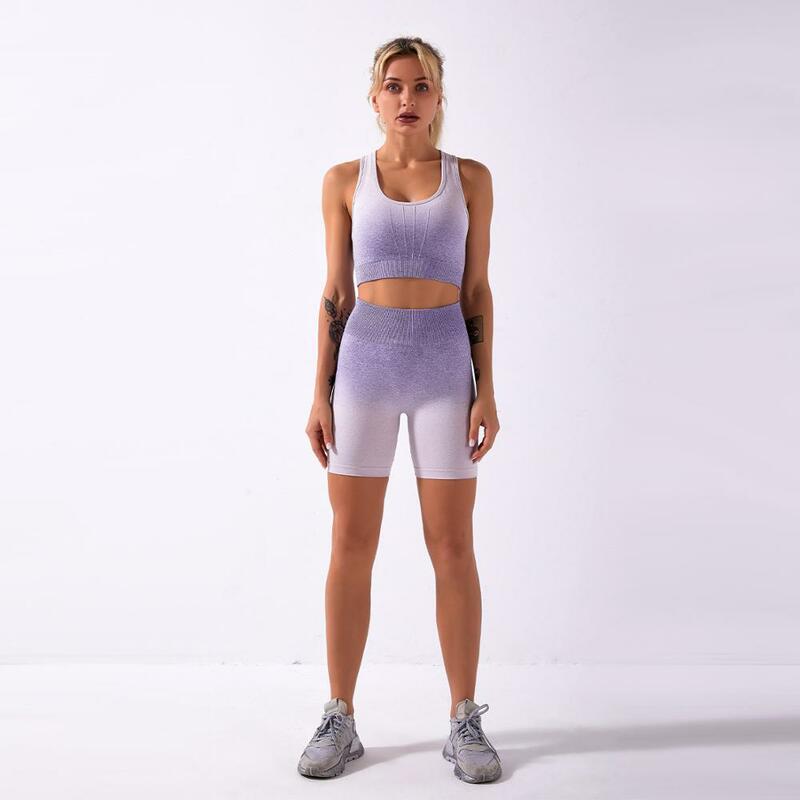 Conjunto de Yoga sin costuras para mujer, Sujetador deportivo + pantalones cortos de entrenamiento de cintura alta, ropa deportiva para trotar y gimnasio, 2 piezas