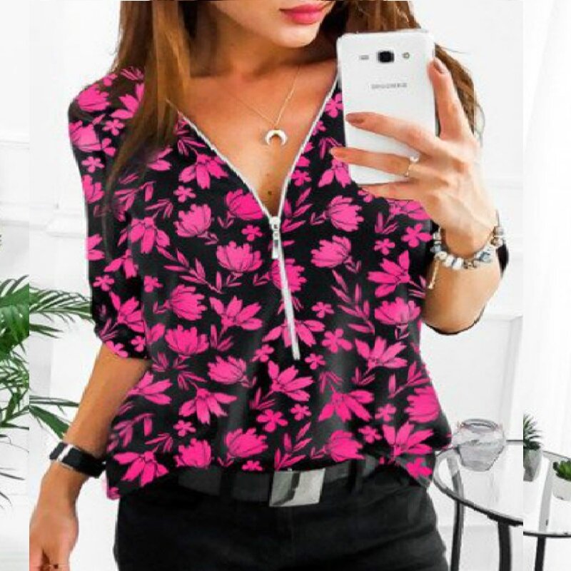 Nowa jesienna bluzka damska bluzki z długim rękawem Flroal Print Zipper bluza z wycięciem w serek kobieta Casual szyfonowe koszule Plus rozmiar Top 5XL Mujer