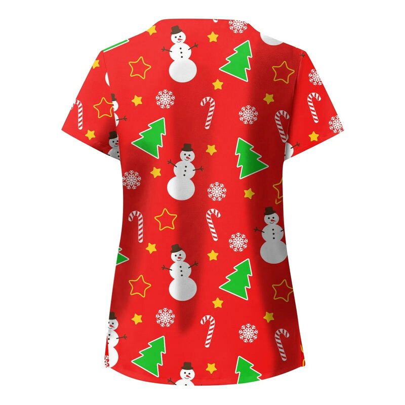 Christmas print V-neck short sleeves nurse Scrub Tops Christmas snowman Shirt Short Sleeve T-shirt Doctor beauty salon uniform