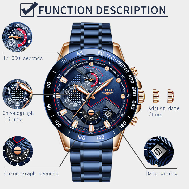 LIGE Clássico Negócios Mens Relógios Top de Luxo Homem Mostrador do Relógio À Prova D' Água Relógio de Quartzo de Aço Inoxidável relógio Cronógrafo Dos Homens Do Esporte