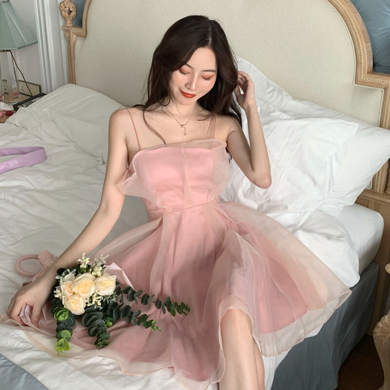 Новинка лета 2021, повседневное кружево, винтажное элегантное милое супер-сказочное платье из органзы на бретельках, корейская мода, шикарная...
