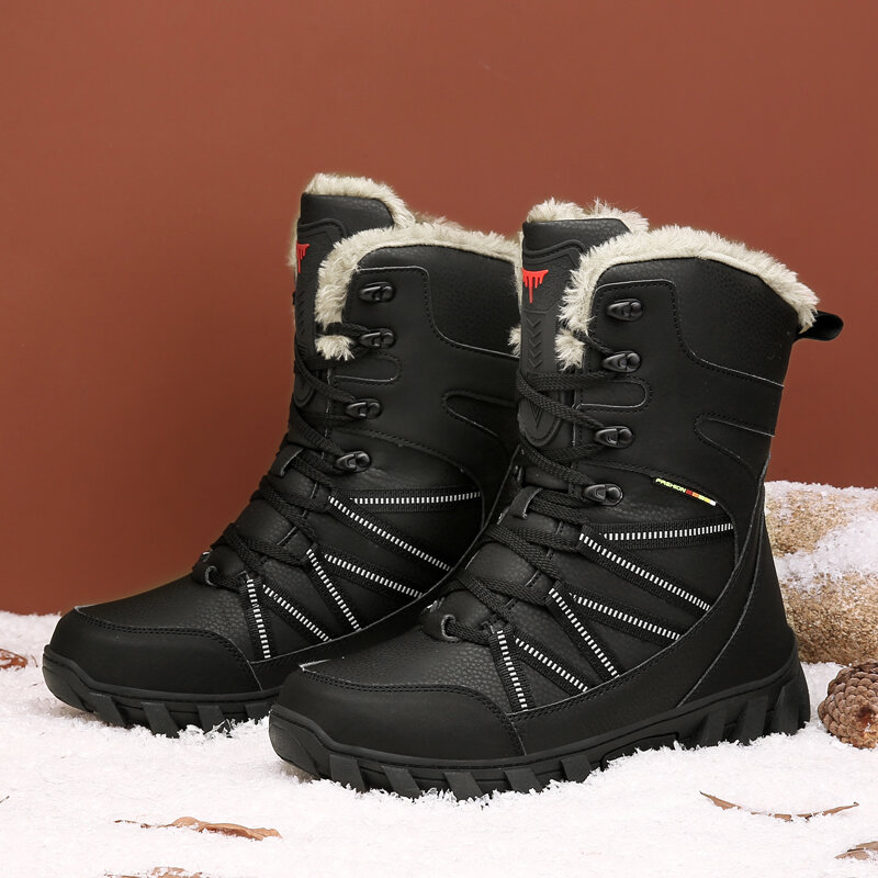 2021 Winter Men Boots Outdoor Warm Plush Non Slip Hiking Boots Fashion Waterproof Leather High Top Casual Snow Boots Big Size 47