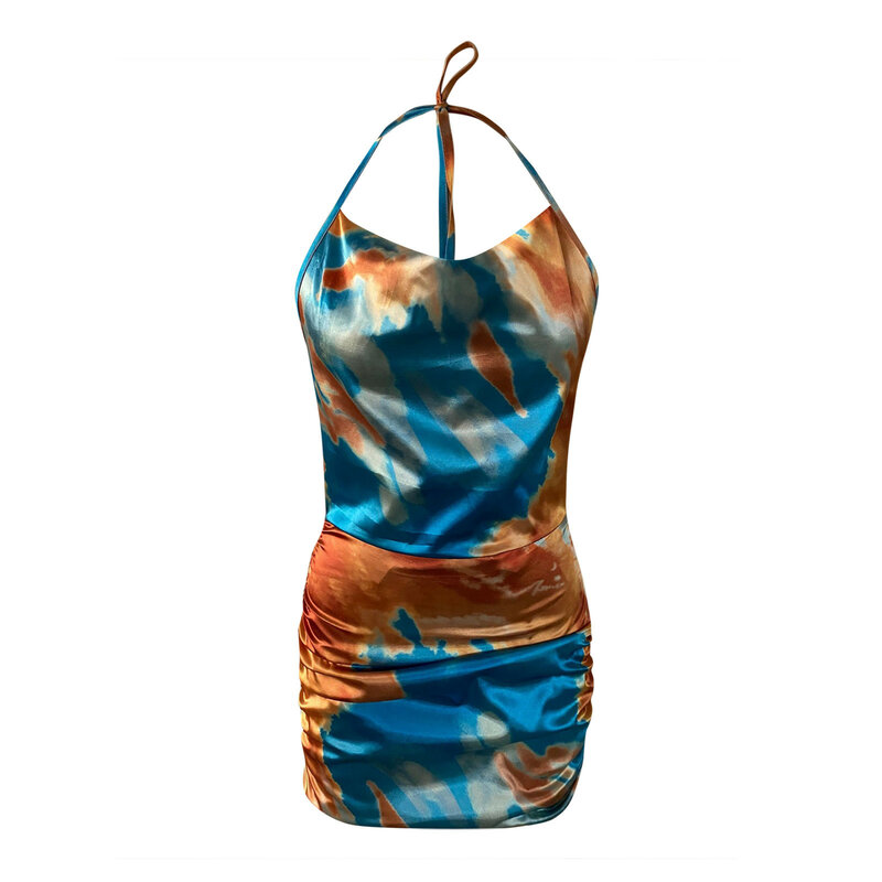 Nowe modne damskie seksowne wiązanie-barwnik plisowana satynowa sukienka sling