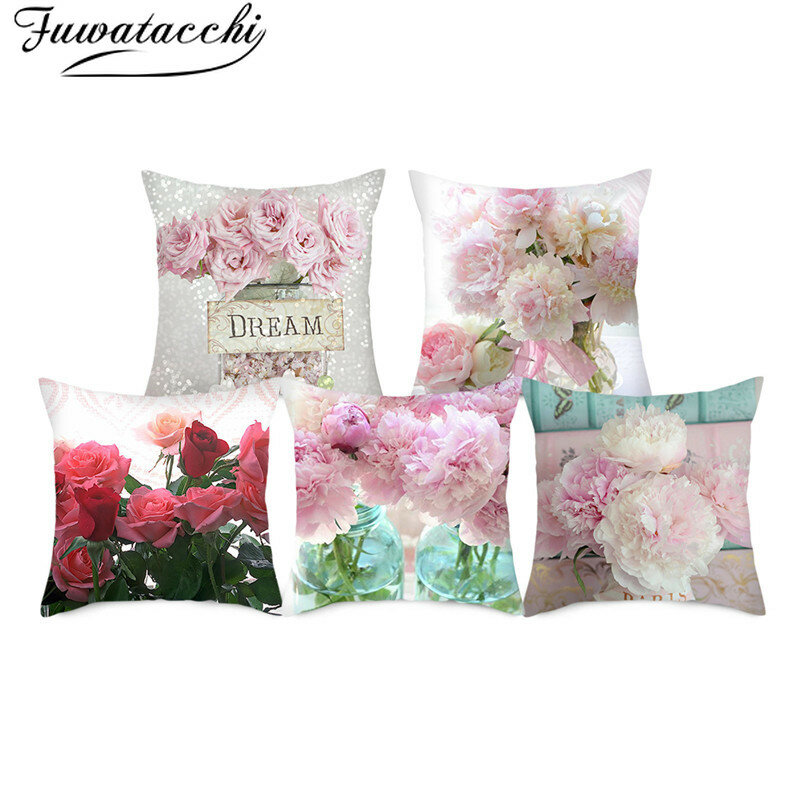 Flowers Cushion Covers Pink Rose Pillow Cases Cotton For Bedroom Sofa And Chair Decorative Pillow Covers 45*45