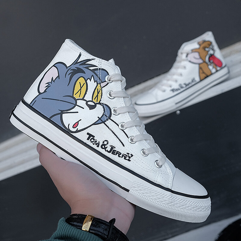 Frauen Anime Tom Cartoon Print Patchwork Schuhe Marke Schöne Mädchen Leinwand Starke Ferse Turnschuhe Designer High Top Lauf Plattform