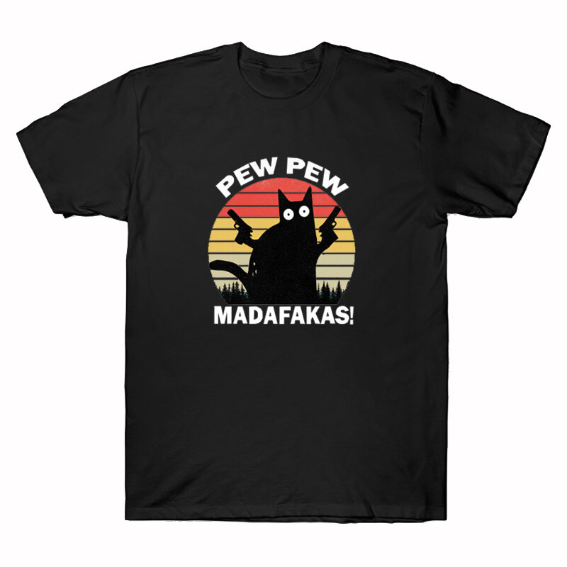Pew Pew Madafakas พิมพ์เสื้อยืด Murderous สีดำแมวปืนตลกเสื้อแขนสั้น O-คอฮาโลวีน Streetwear Hip Hop Tee