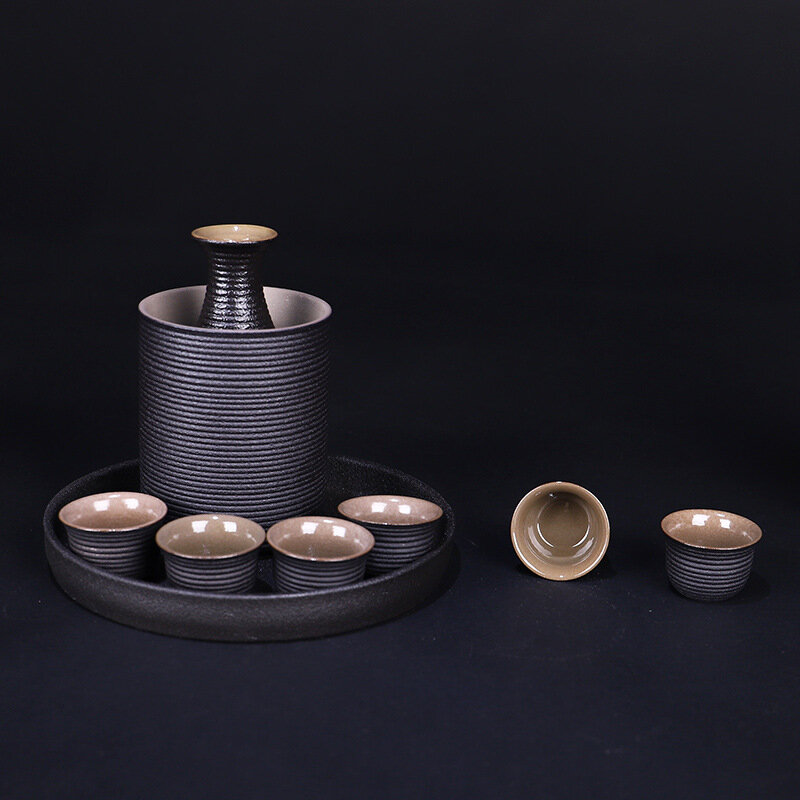 Japanese Style Ceramic Sake Pot Cup Set Black Pottery Liquor Flask Wine Bottle Cups Tray 9pcs/Set