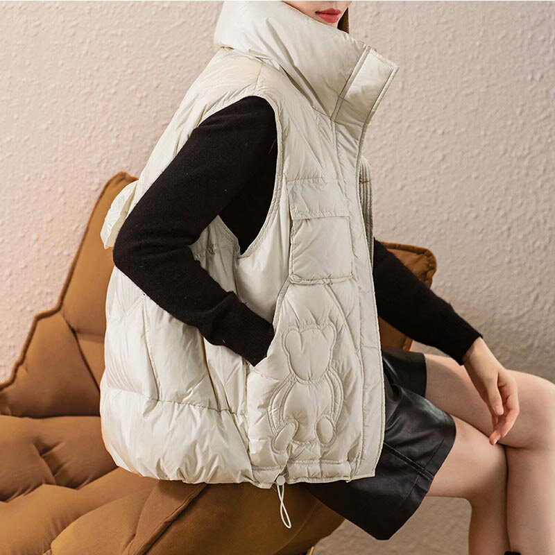 Inverno feminino colete para baixo pato leve pequeno urso padrão bonito solto casual casaco quente sem mangas jaqueta 2021 moda m566