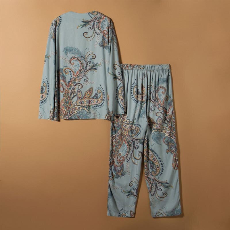 Top verão elegante feminino pijamas conjunto viscose estilo palácio meticuloso sleepwear manga longa casual pijamas botão casa roupas