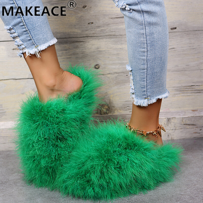 Fashion Plush Slippers New Baotou Muller Shoes Winter Warm Cotton Slippers Flat Non-slip Cool Women's Shoes 43 Large Size Shoes