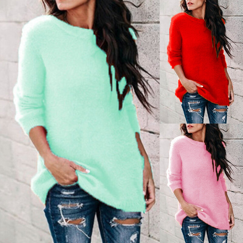 Women Casual Autumn Winter Sweater O Neck Long Sleeve Plushy Knitted Pullover Sweater Plus Size 5XL