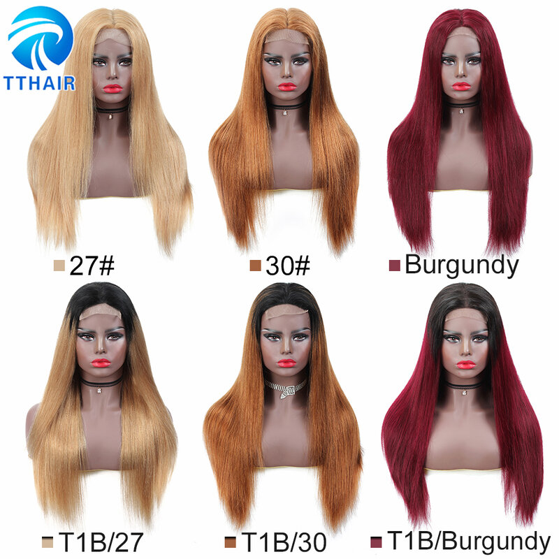 Tthair-peruca lisa com fechamento de laço, 4x4, cabelo humano, brasileiro, cor loiro mel, renda transparente