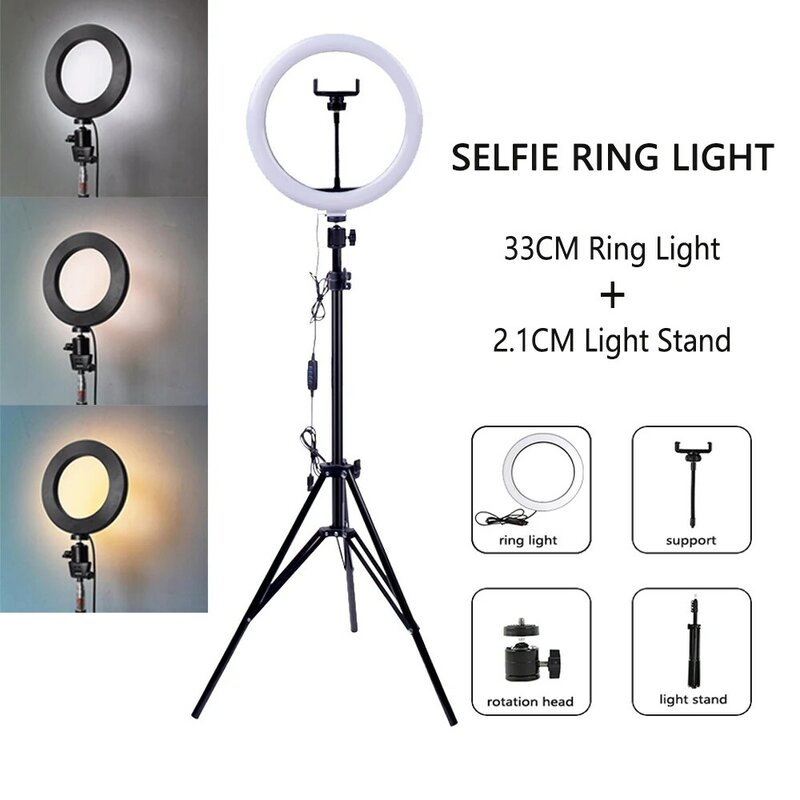 Anillo de luz LED regulable para selfies con trípode, lámpara con USB para fotografía de estudio con teléfono móvil, soporte