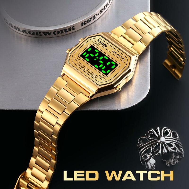 SKMEI moda LED zegarki dla mężczyzn Luminous data cyfrowy nadgarstek zegarek mężczyźni pasek ze stali nierdzewnej wodoodporna godzina montre homme 1646