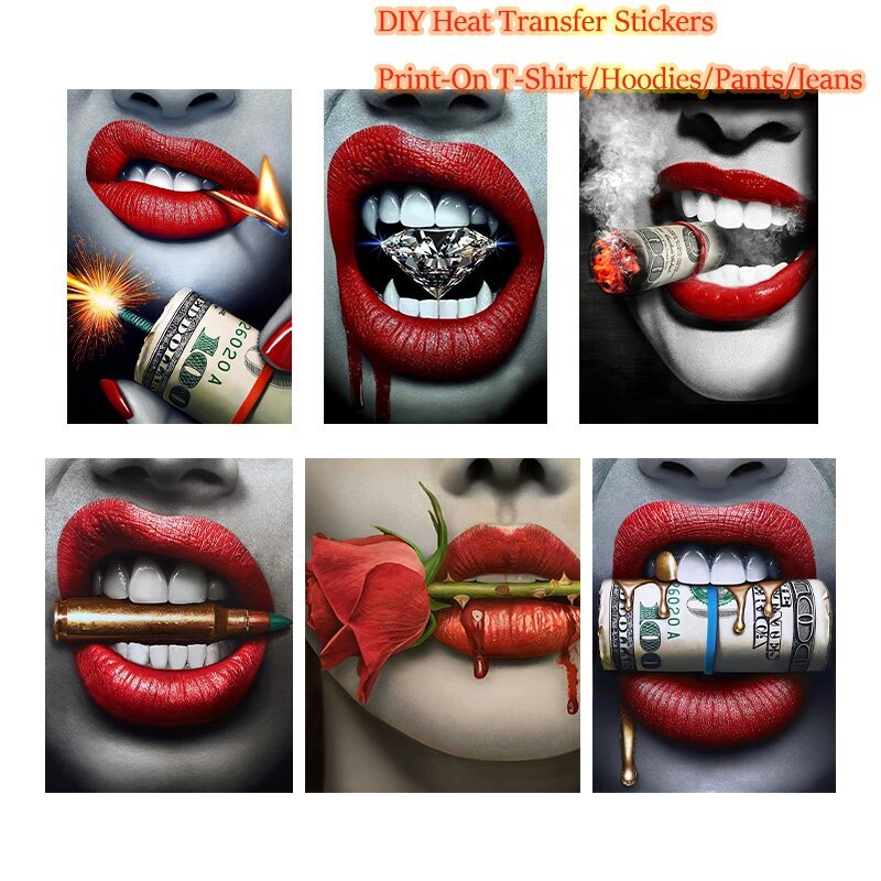 Heat transfer Appliqued sticker on sex red lips flaming clothes decor iron washable Thermal patches for girl t-shirt clothing