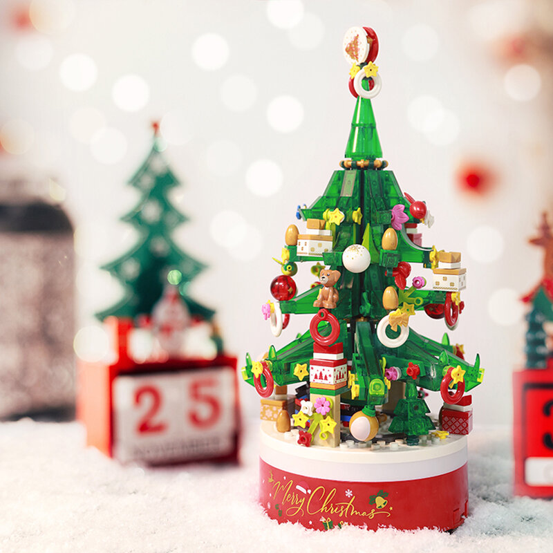 Árbol de Navidad de 626 piezas para niños, muñeco de nieve, caja de música, bloques de construcción, ciudad, adorno de Navidad, árbol, juguetes, lámpara de noche, regalo