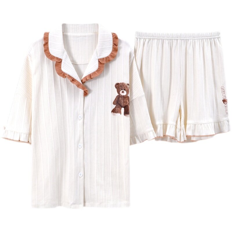 Novo pijama feminino de algodão puro, calções de manga curta, duas peças, roupa para primavera e verão, roupa tipo espreguiçadeira, 2021