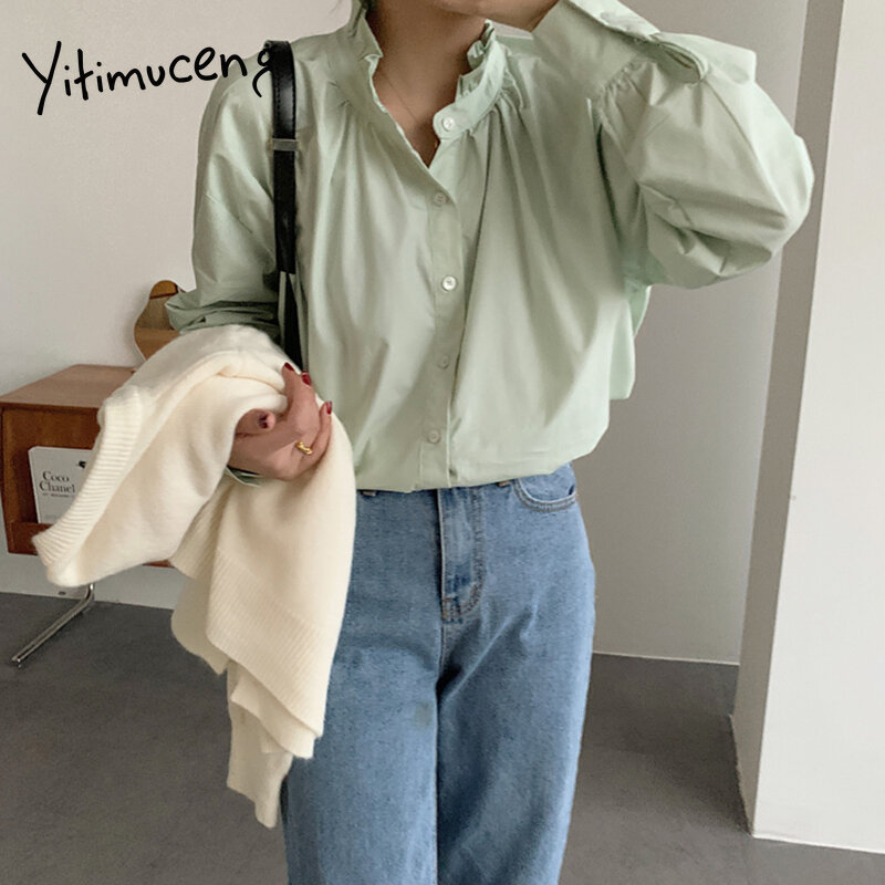 Yitimuceng قمصان امرأة كبيرة الحجم زر حتى بلوزة عصرية الكورية طويلة الأكمام Unicolor أبيض أخضر 2021 ربيع صيف جديد