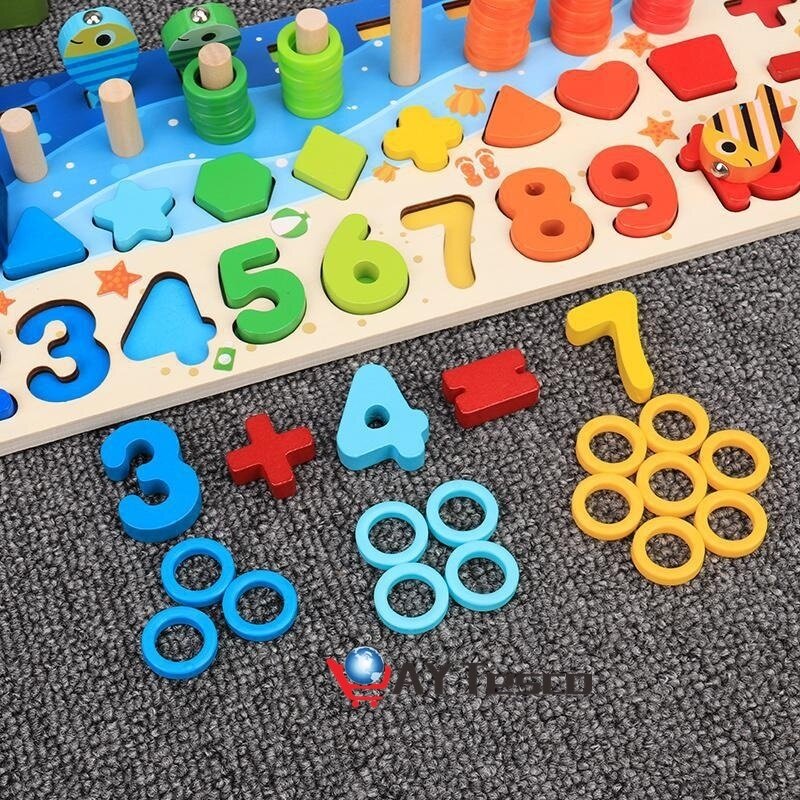 Popltse Educational Wooden fidget Toy Children Busy Board Math Fishing Children's Wooden Preschool Toy Counting Geometry