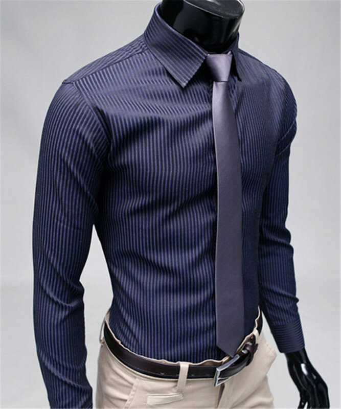 Camisas dos homens listra manga longa casual magro ajuste camisas de vestido dos homens cor sólida formal negócio social vestuário blusa