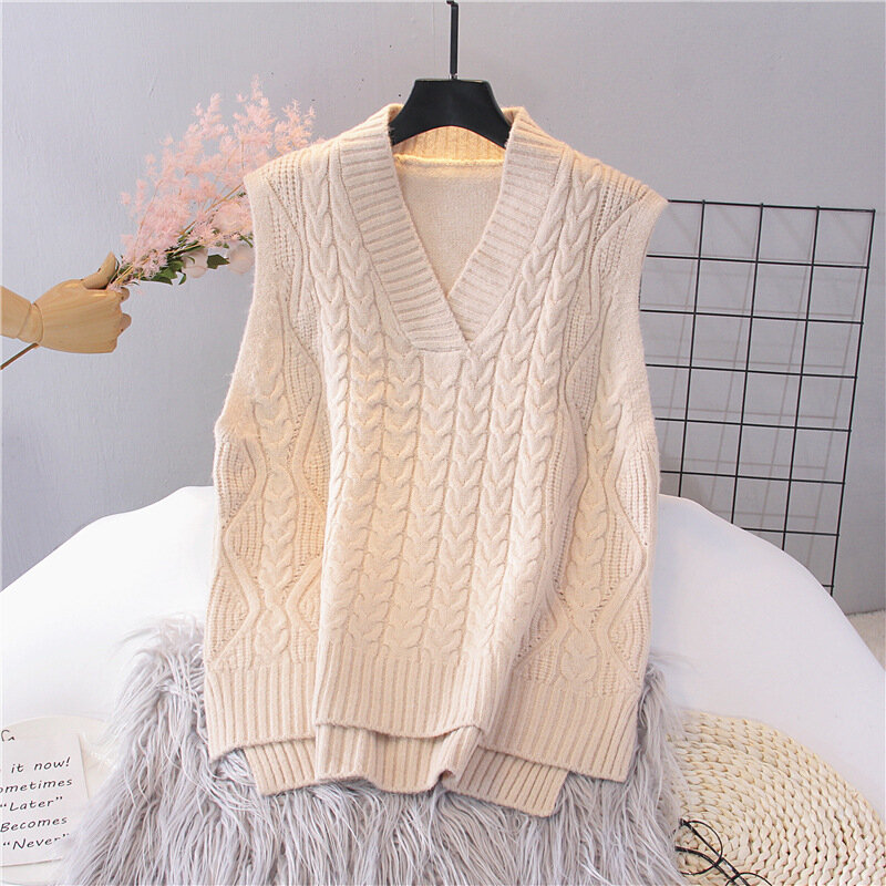 Pull torsadé en laine tricoté pour femme, pull-over ample, col en v, noir, Beige, coréen, collection automne hiver 2020