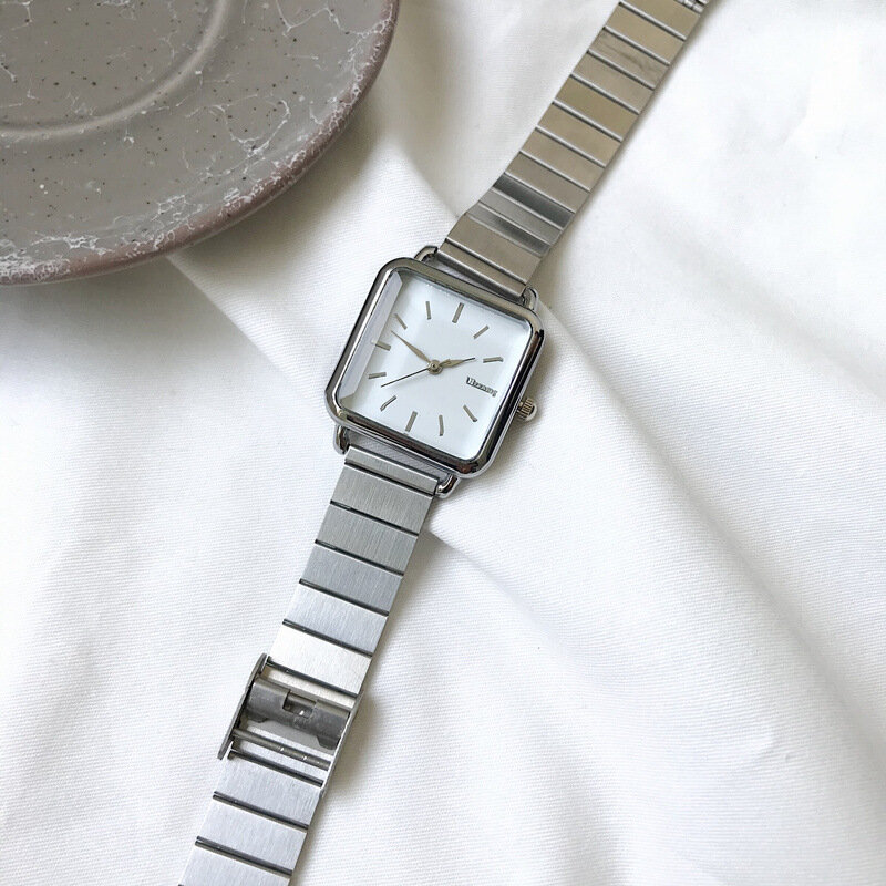 Relojes de cuarzo de acero inoxidable para mujer, pulsera cuadrada de plata para negocios
