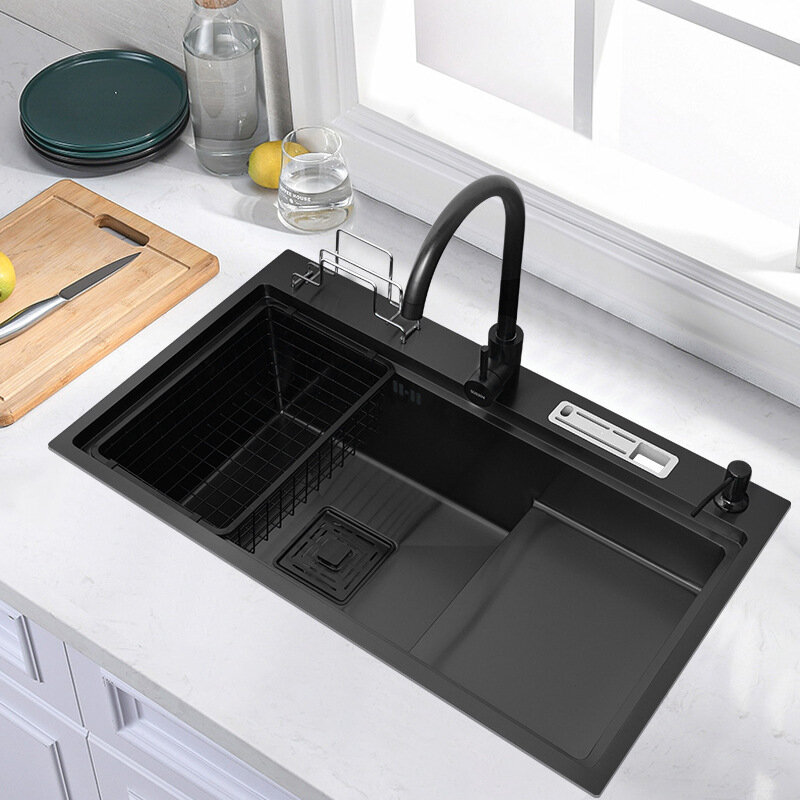 78x46 سنتيمتر بالوعة المطبخ وعاء واحد أسود نانومتر 304 الفولاذ المقاوم للصدأ دليل بالوعة كبيرة صعدت عالية ومنخفضة بالوعة