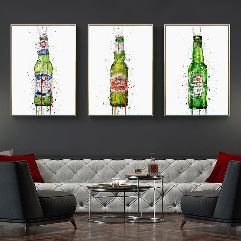 Pintura en lienzo de Arte de Moda Nórdica, cartel abstracto de color de botella de cerveza, bar, sala de estar, pasillo, decoración del hogar, mural