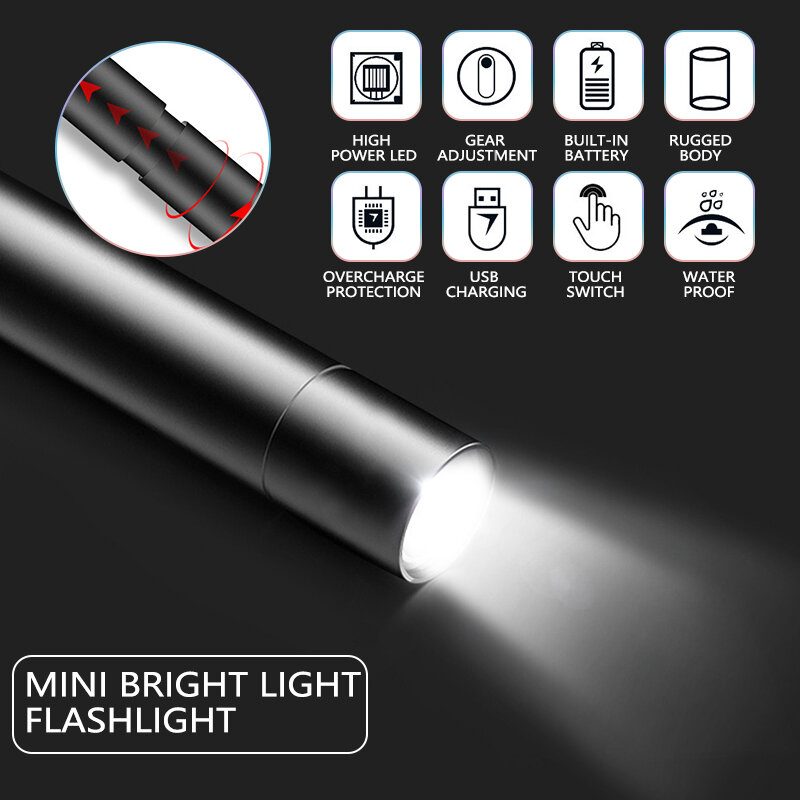 USB Rechargable Schwarz Mini LED Taschenlampe 3 Beleuchtung Modus Wasserdichte Taschenlampe Zoom Tragbare Taschenlampe für Nacht Camping Wandern