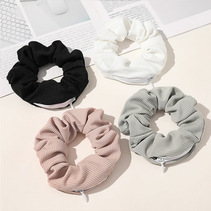 New Solid Color Novelty 2020 Designs Zipper Scrunchies Women Creative Velvet Hairbands Brand Quality Pocket Scrunches With Zip