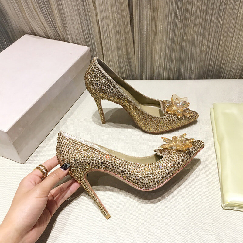 Wedding Shoes Crystal Shoes Rhinestone Sequins Shiny Flowers Pointed Stiletto Pumps High Heels Banquet Dress Bride Sridesmaid 42