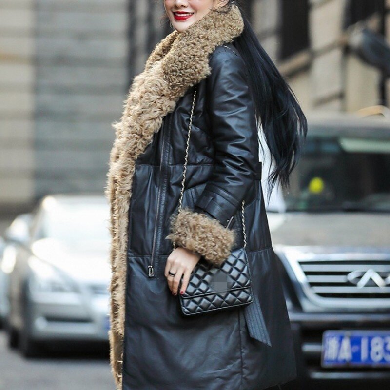 Casual rua inverno gola de lã para baixo jaqueta feminina comprimento médio fino quente grosso windbreakers cinto real jaqueta de couro genuíno