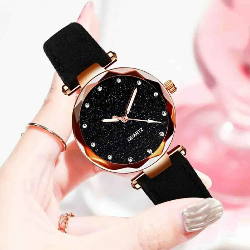 Relógio de pulso feminino fundo estrelado, relógio de pulso romântico couro strass designer para mulheres vestido simples relógios gfit montre femme * a