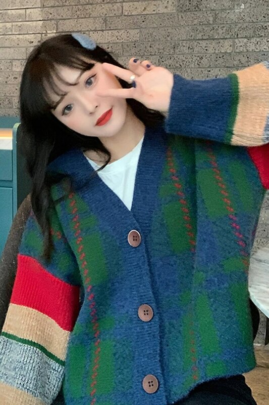 Suéter feminino folgado com decote em v, primavera e outono, novo suéter coreano