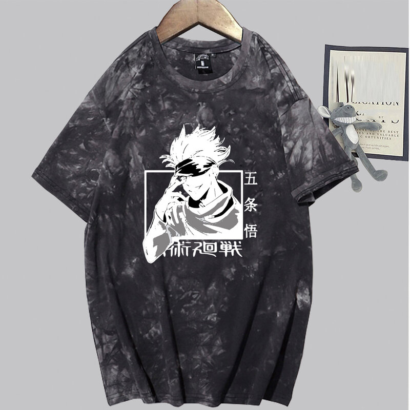 Jujutsu Kaisen Satoru جوجو قميص الانمي موضة قصيرة الأكمام س الرقبة عادية التعادل صبغ Uniex الملابس