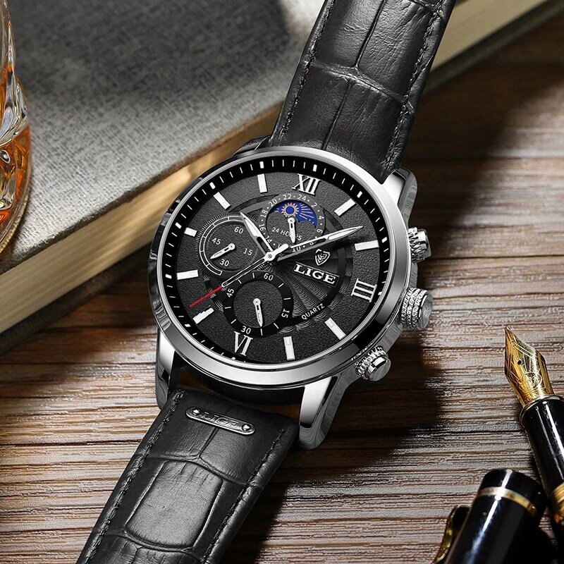 남성용 LIGE 캐주얼 스포츠 시계 블랙 탑 브랜드 럭셔리 밀리터리 가죽 손목 시계 남자 시계 패션 크로노 그래프 손목 시계