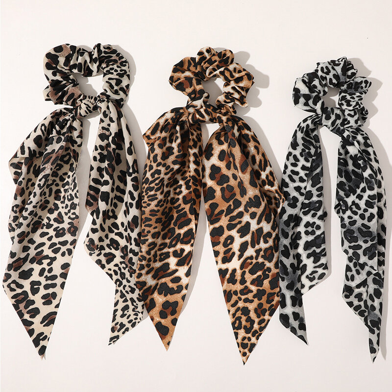 Chouchous en Satin imprimé léopard, ruban Long, écharpe queue de cheval, cravate pour femmes et filles, bandes élastiques pour cheveux, accessoires