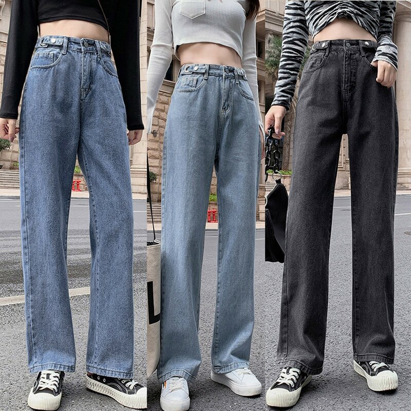 Mulher calças de brim cintura alta roupas perna larga denim azul streetwear vintage qualidade 2021 moda harajuku calças retas