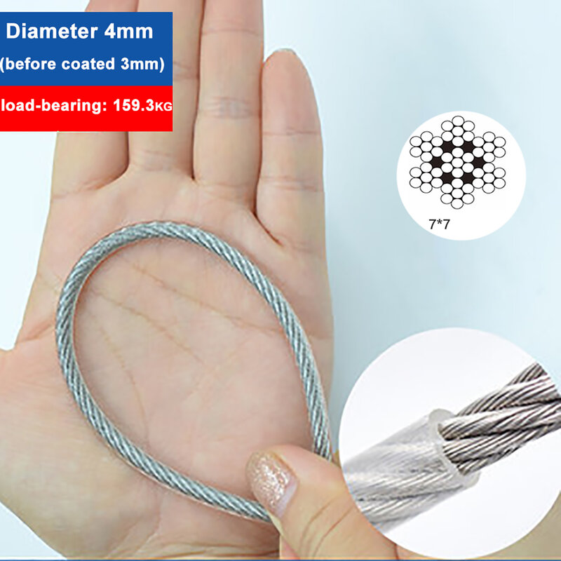 2 - 9 medidores de diâmetro 4mm pvc transparente revestido corda de fio flexível 7*7 estrutura 304 varal de aço inoxidável kit